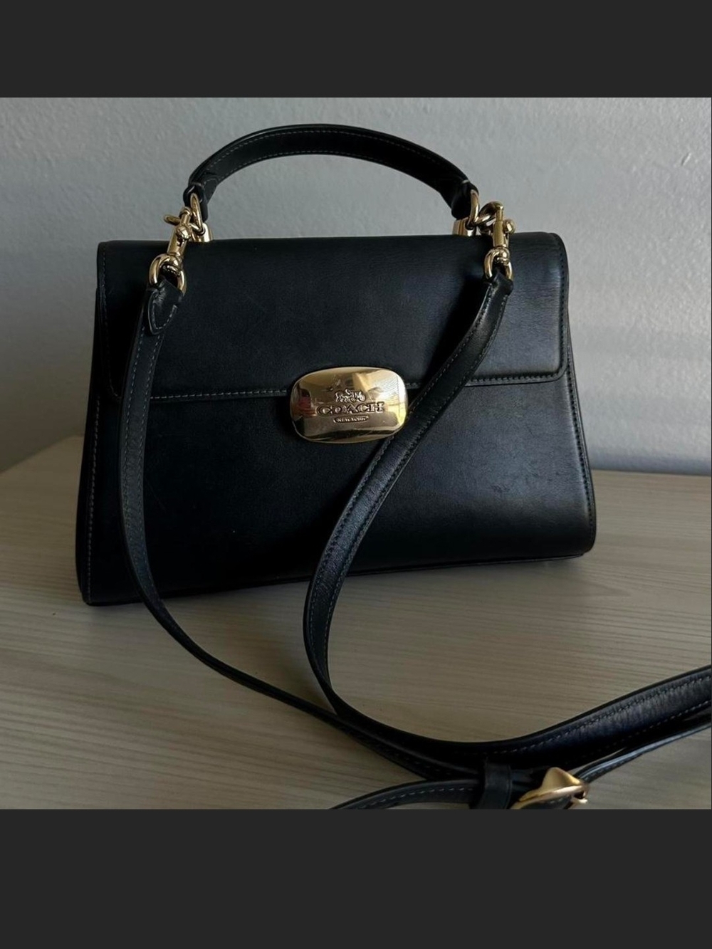 Coach Eliza Top-Handle Black Leather Satchel with Gold Hardware